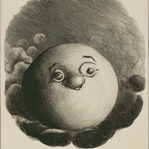 Image similar to candid portrait of white ball with a human face smiling wide, surrounded by clouds, illustrated by peggy fortnum and beatrix potter and sir john tenniel