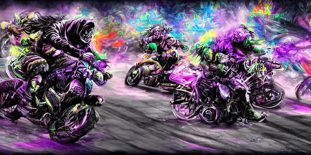 Image similar to psychedelic blacklight airbrush artwork, motorcycles, hyper stylized action shot of orc bikers racing on motorcycles, menacing orcs, drifting, skidding, wheelie, clear focused details, soft airbrushed artwork, black background, post - apocalypse, cgsociety, artstation, peter palombi, peter lloyd