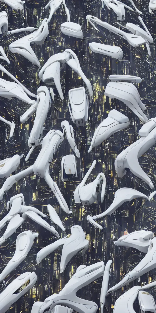 Prompt: A seamless pattern of photorealistic futuristic sci-fi white and gold robots designed by by zaha hadid and karim rashid, close-ups, detail shots, 3D, futuristic mecha robots, Blade Runner 2049 film, robotic machinery, Boston dynamics robots, Backlit, glowing lights, shiny glossy mirror reflections, Gold and white, large patterns, Futuristic shapes, Symmetric, mecha robot details, Macro details, plastic ceramic material, Transparent Glass surfaces, metallic polished surfaces, seamless pattern, Dynamic lighting, white , gold, black and aqua colors, Octane render in Maya and houdini, vray, ultra high detail ultra realism, unreal engine, 4k in plastic dark tilt shift