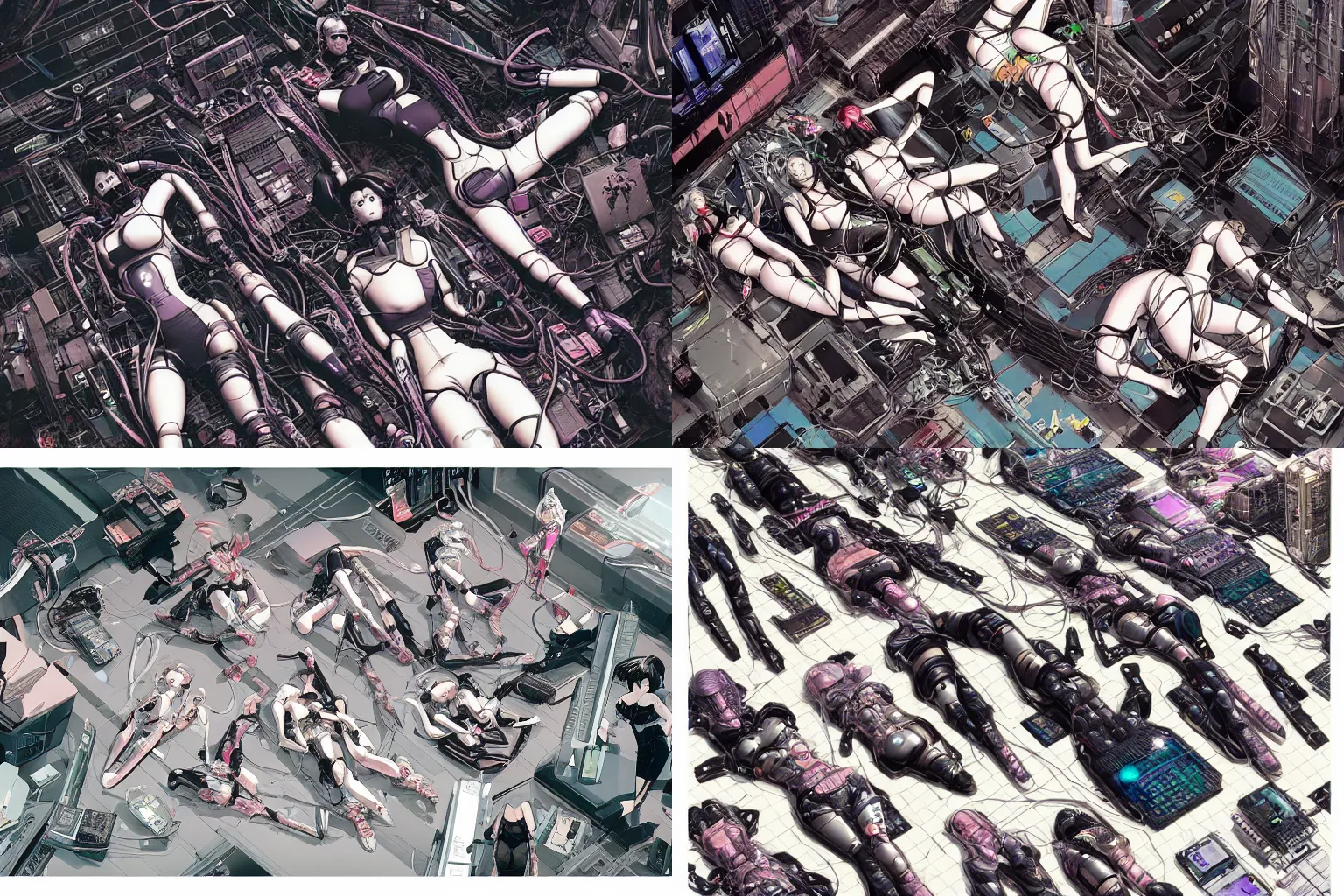 Prompt: a cyberpunk illustration of a group of female androids in style of masamune shirow, lying on a white floor with their body parts scattered around in various poses and cables and wires coming out, by yukito kishiro and katsuhiro otomo, hyper-detailed, intricate, view from above