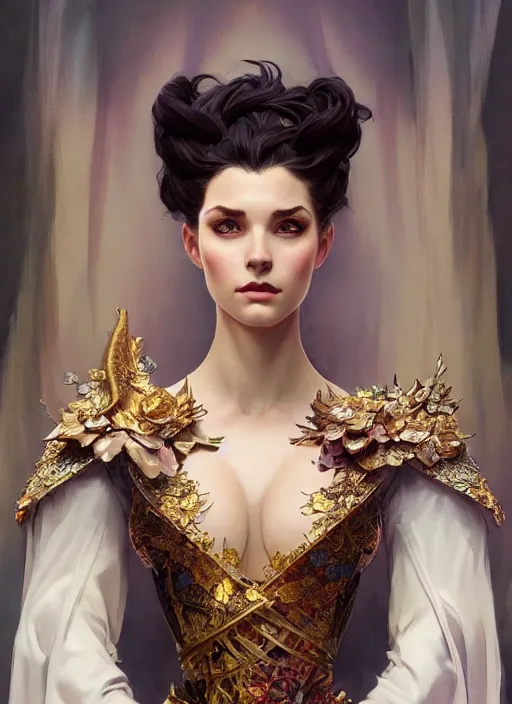 Image similar to portrait of a beautiful female wearing a fashion costume From Couture, upper and lower body, D&D, fantasy, intricate, elegant, highly detailed, digital painting, artstation, concept art, smooth, sharp focus, illustration, art by artgerm and greg rutkowski and alphonse mucha