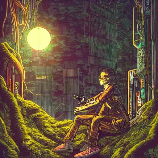 Image similar to Stunningly intricate illustration of single cyberpunk explorer overlooking lush forest, highly detailed, midnight, small glowing orbs by Moebius,