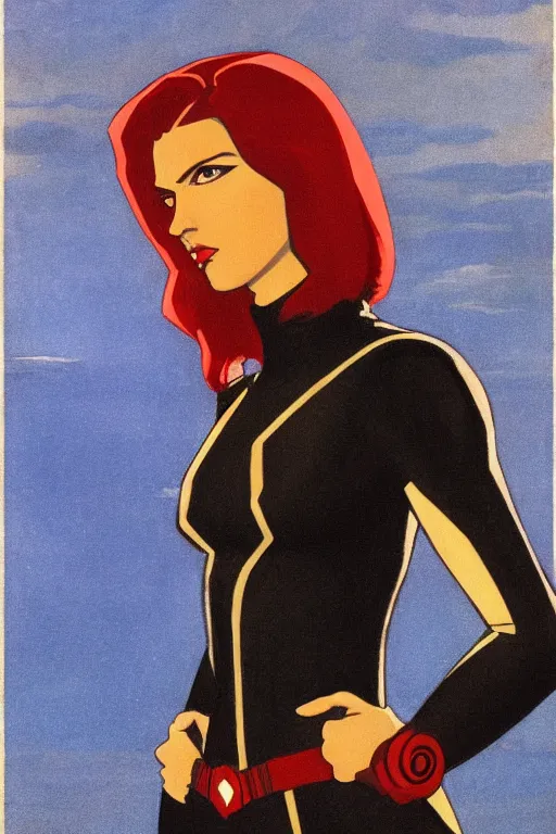 Image similar to black widow ( natasha romanova ), marvel, artwork by nicholas roerich,