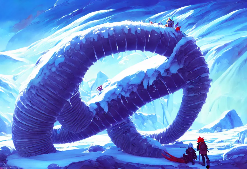 Prompt: a giant ice worm on a glacier, intricate oil painting, high detail illustration, sharp high detail, manga and anime 1 9 9 9, official fanart behance hd artstation by jesper ejsing and makoto shinkai, 4 k,