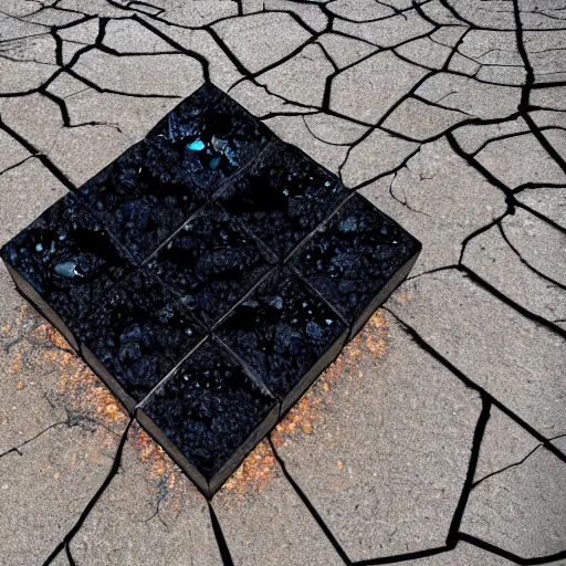 Image similar to shiny black cubes, crashed in the ground, cracks, gas fire in cracks, hd photograph