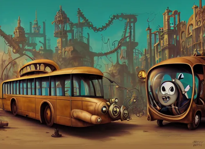 Prompt: matte sharp painting, a steampunk bus, juxtapoz, artforum, gary baseman, preston blair, tex avery, dan mumford, pedro correa