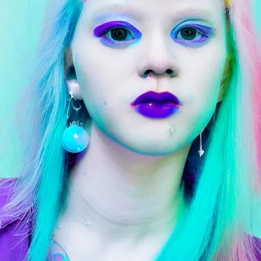 Prompt: a close - up risograph of cyberpunk albinism model girl wearing lots of transparent and cellophane accessories, light blue colors, huge earrings and queer make up, blue hour, trash style, oversaturated, hue - shifted, twilight, cool, portrait, crispy, full - shot, blue sky, kodachrome, photo by mayumi hosokura