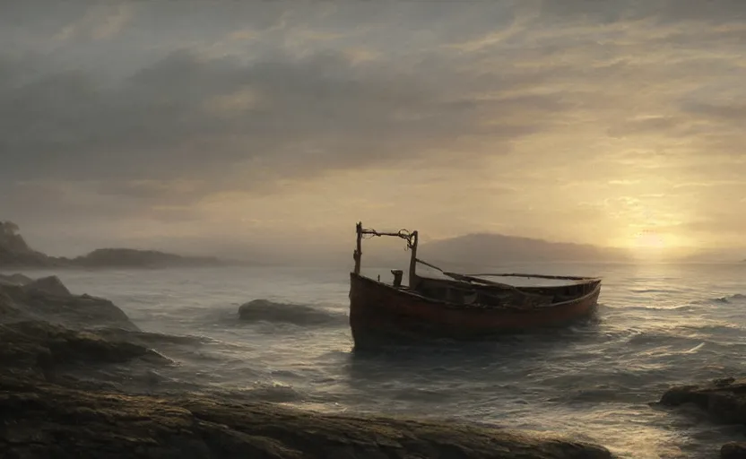 Image similar to old wooden fishing boat, directed by charlie kaufman ( 2 0 0 1 ) anamorphic lenses, a rocky shore in the foreground, foggy volumetric light morning, a beam of light from the heavens, cinematic trending on artstation in the style of greg rutkowski