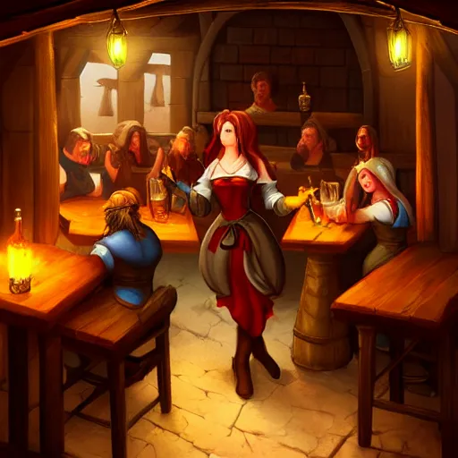 Image similar to medieval tavern with barmaid and patrons, deviantart, artstation, fantasy