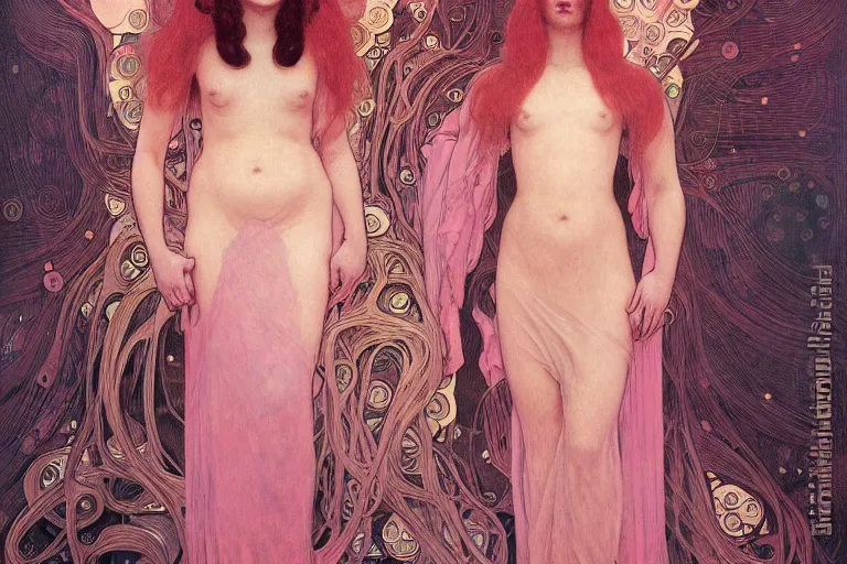 Prompt: symmetric, a dark woman android in a pastel pink dress holding neurons, in a room full of neural networks and wires and computers, dark sci - fi, ai, 4 k realistic, artem demura. alphonse mucha, gustav klimt.