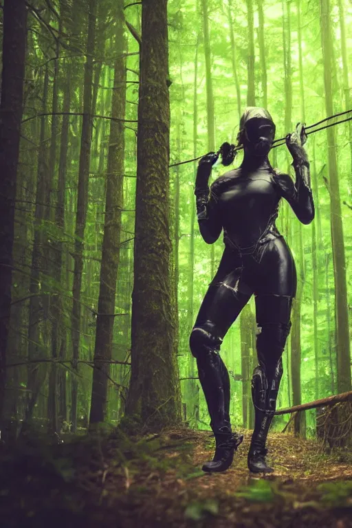 Image similar to Cyberpunk fencer leaning towards the right with a lush forest as backdrop