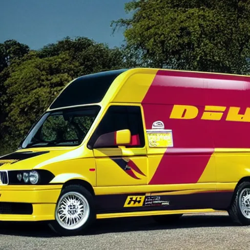 Prompt: A commercial van designed and produced by BMW, with 1988 M3 E30 design elements, DHL livery promotional photo