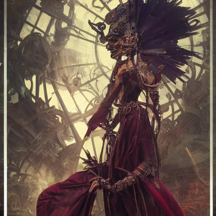 Image similar to mystical evil android queen with obsidian eyes, wearing an elaborate helmet, inside a wax palace, octane render, 8 k, unreal engine, by todd mcfarlane and artgerm and greg rutkowski and alphonse mucha