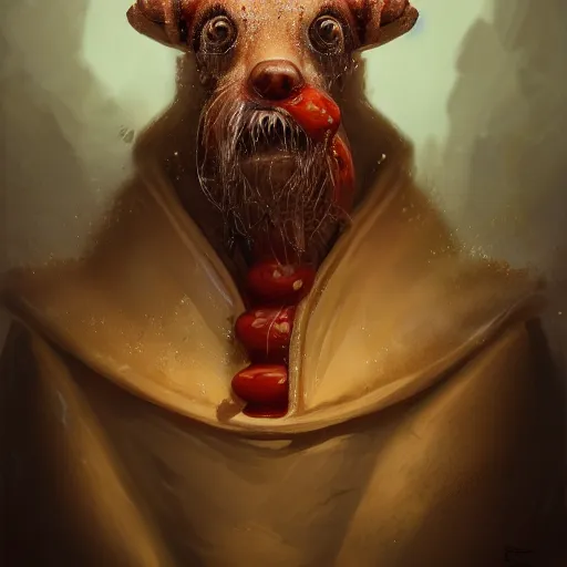 Image similar to portrait of a young rugged hot dog, extra onions and ketchup, luscious with sesame seeds, handsome, D&D, fantasy, intricate, eldritch, Viking, elegant, highly detailed, digital painting, sweaty meat, artstation, concept art, matte, sharp focus, illustration, art by Anna dittmann