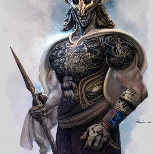 Image similar to a WLOP 3d render of Very very very very highly detailed mystic, enigmatic, strange portrait of a phantom warrior with galaxy, tattoos by Anton Pieck, intricate, extremely detailed, digital painting, artstation, concept art, smooth, sharp focus, illustration, intimidating lighting, incredible art,