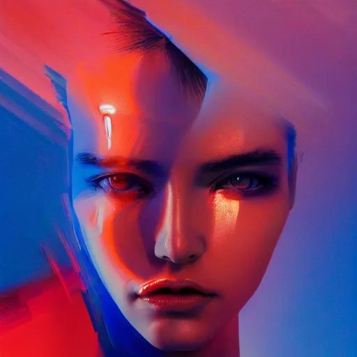 Image similar to 3 d, sci - fi, morning, sleepy fashion model face, sun, neon, cinematic, lightning clouds, vogue cover style, poster art, light red and deep blue mood, realistic painting, intricate oil painting, high detail, figurative art, multiple exposure, poster art, 3 d, by tooth wu and wlop and beeple and greg rutkowski