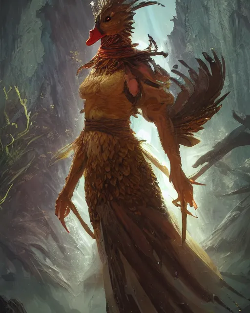 Image similar to Duck Shapeshifter Druid Mage, D&D, artstation, fantasy, magic the gathering artwork, cinematic lighting, centered, symmetrical, highly detailed, digital painting, , concept art, smooth, sharp focus, illustration, volumetric lighting, epic Composition, 8k, art by Akihiko Yoshida and Greg Rutkowski and Craig Mullins, oil painting, cgsociety