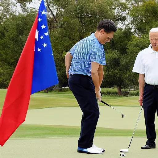 Image similar to xi jingping hits a putt while joe biden tends the flag