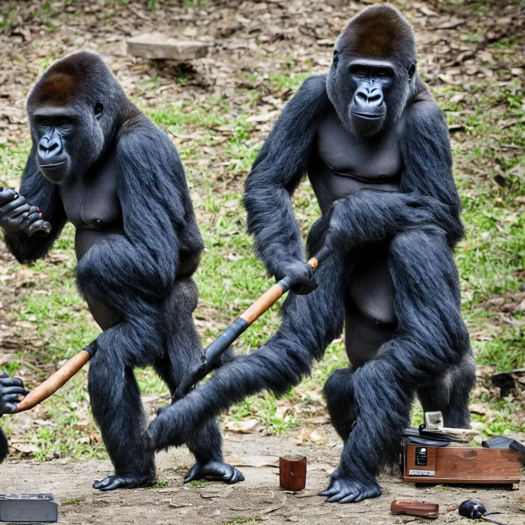 Prompt: gorilla smoking a cigar dragging a sledgehammer wearing tascam headphones