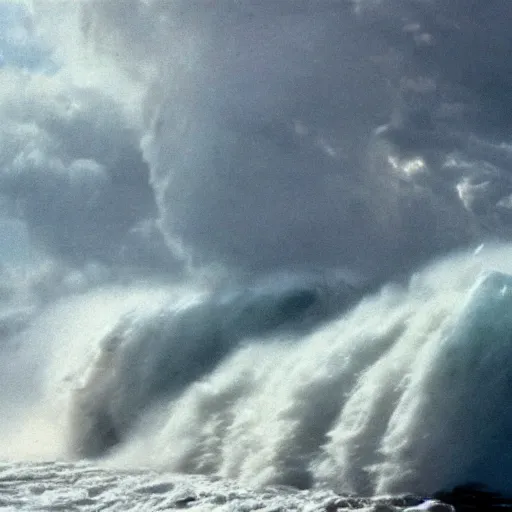 Image similar to cinematic still of mountains rising from the oceans, waves dividing as land emerges, storm, energy, miracle, dramatic angles, from Biblical epic by Steven Spielberg