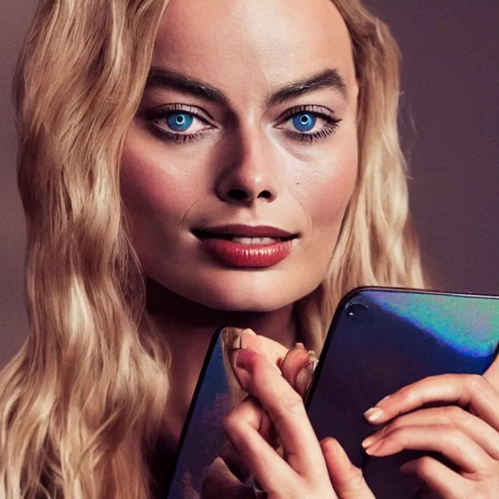 Prompt: margot robbie, holding iphone. very coherent symmetrical artwork. cinematic, high detail, octane render, 8 k, iridescent accents