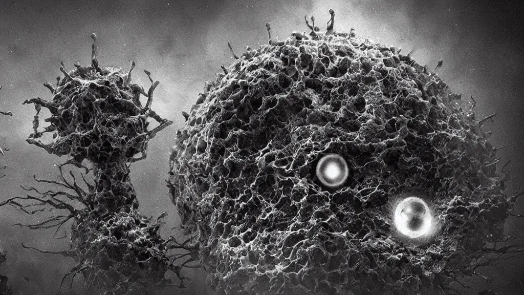 Image similar to a beautiful microscopic scientific photo of a coronavirus and a strange life form seen through an electron microscope, dark, sinister, detailed, art by Greg Rutkowski