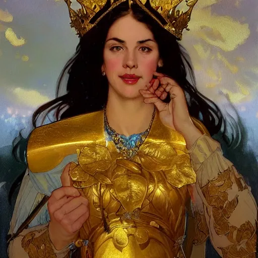 Image similar to left side portrait of a young queen with a golden crown, head only, headshot, royalty, surrounded by gold leaves by Stanley Artgerm Lau , greg rutkowski, thomas kindkade, alphonse mucha, loish, norman rockwell, J. C. Leyendecker. dark brown hair, mouth slightly open, thorn frame. D&D, fantasy. Trending on artstation rule of thirds extremely detailed render, extremely realistic, detailed lighting, octane hd 4k