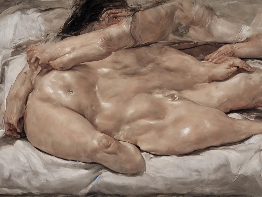 Prompt: Jenny Saville female body on a bed made of water