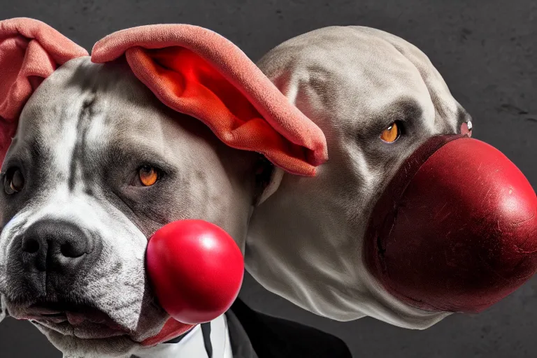 Image similar to a snarling pit bull wearing a clown mask and a red rubber nose, 4 k, hdr color