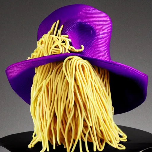 Image similar to eminem wearing a hat made of spaghetti and a purple dress