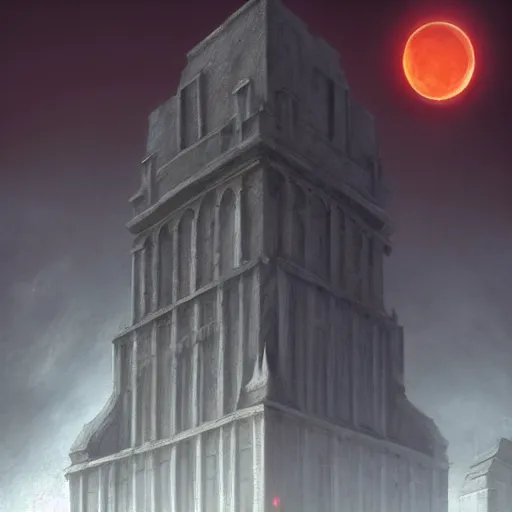 Image similar to A beautiful painting of a tower made out of marble reaching towards the sky, magical energy, surrounded by mist, big red moon in the background, detailed, by Greg Rutkowski, trending on artstation