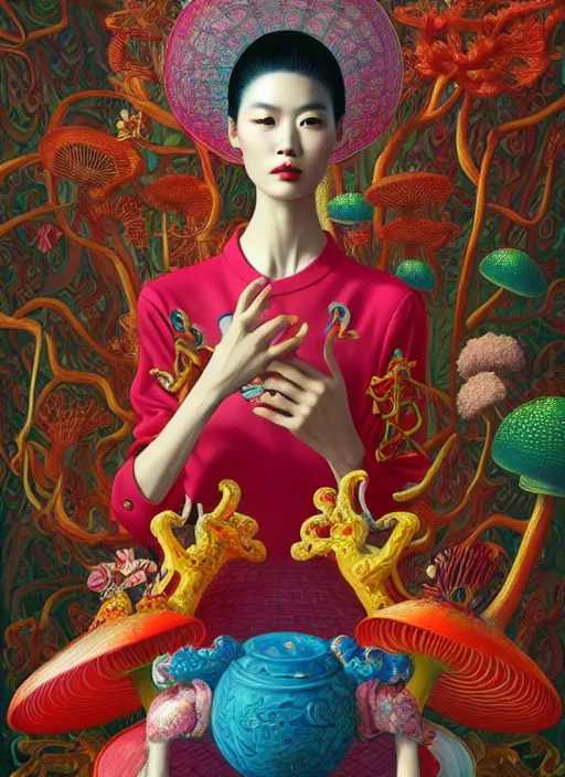 Image similar to pretty chinese model with hallucination mushroom : : by martine johanna and simon stalenhag and chie yoshii and casey weldon and wlop : : ornate, dynamic, particulate, rich colors, intricate, elegant, highly detailed, centered, vogue, fashion magazine, smooth, sharp focus, octane render, 8 k