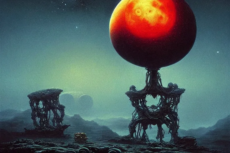 Prompt: a surreal and awe - inspiring science fiction landscape, skull moon in the sky looks like a skull, intricate, elegant, highly detailed colored sketch by beksinski and simon stalenhag