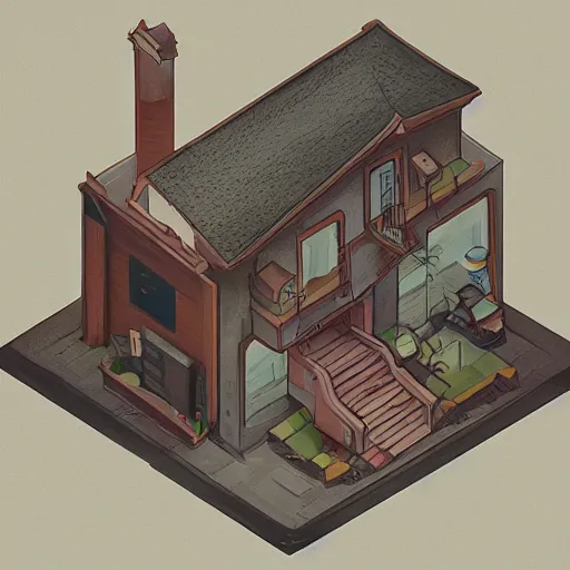 Image similar to a beautiful illustration of an isometric stylized house, by rutkowski, featured on artstation