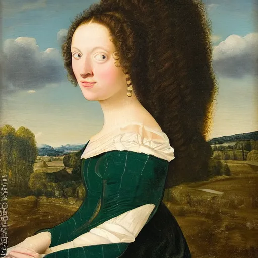 Image similar to young woman from the year 1 5 0 0, seated in front of a landscape background, her black hair is fine curly from the year 1 5 0 0, she wears a dark green dress pleated in the front with yellow sleeves, puts her right hand on her left hand and smiles slightly, oil painting