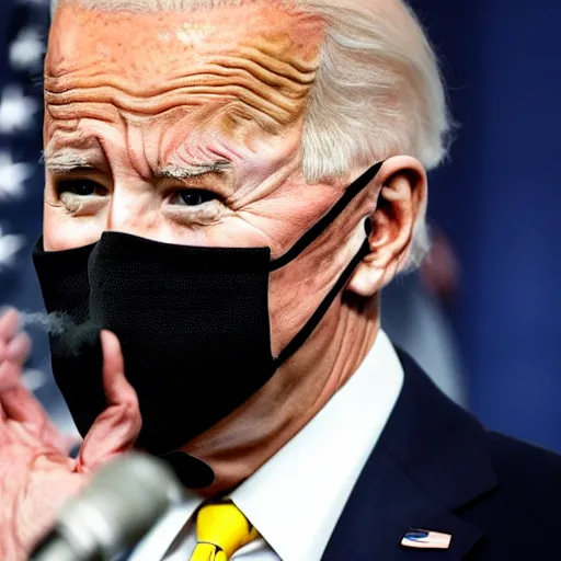 Prompt: Pulitzer-prize winning photograph of Joe Biden giving a press conference with heavy black smoke pouring from his mouth, nose, and eyesockets and pooling on the floor, unbearable anxiety, uncanny liminal space