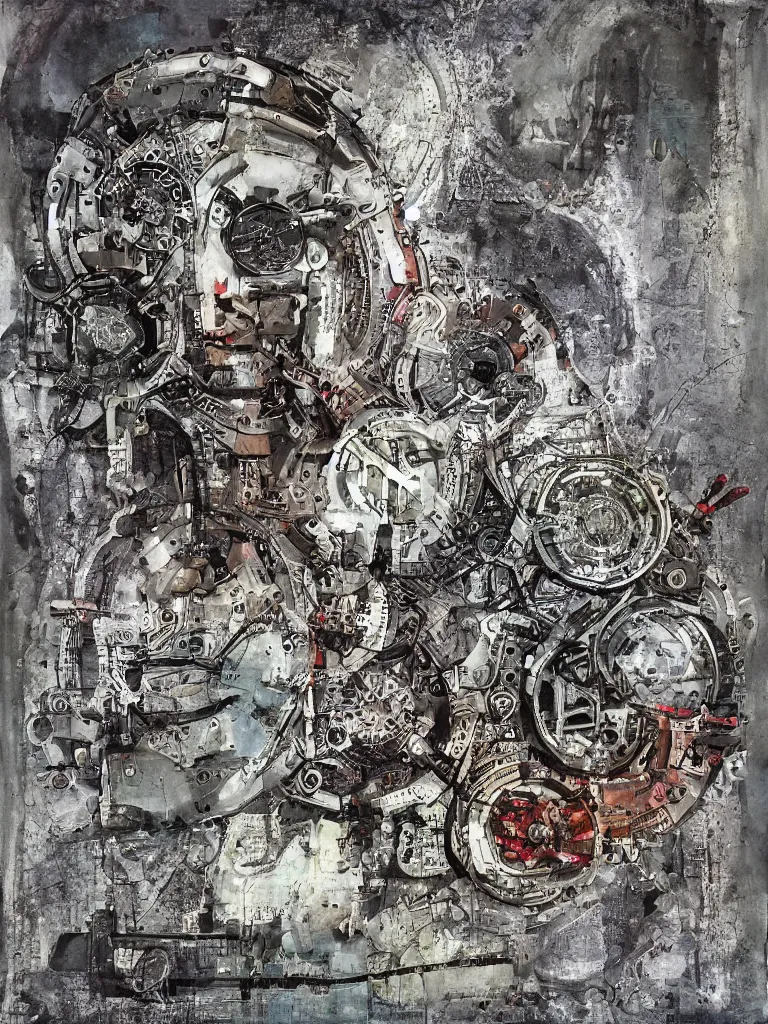 Image similar to peace via tyranny, mechanical, stoic, mixed media,