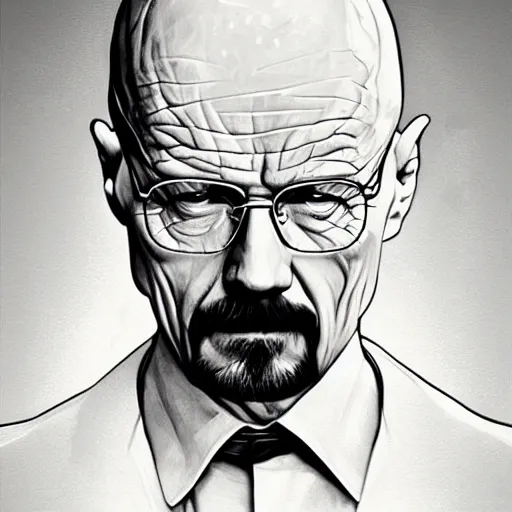 Prompt: !dream portrait of Walter White, elegant, intricate, headshot, highly detailed, digital painting,black and white, artstation, concept art, sharp focus, illustration, art by artgerm and greg rutkowski and alphonse mucha