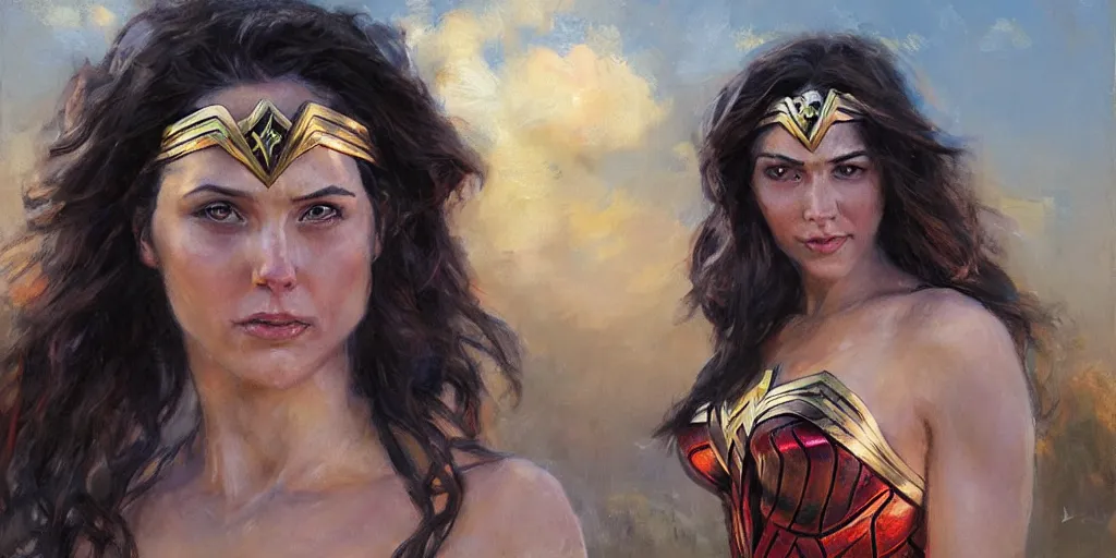 Prompt: Female portrait of Wonder Woman in the morning sun, Danile Gerhartz, oil painting