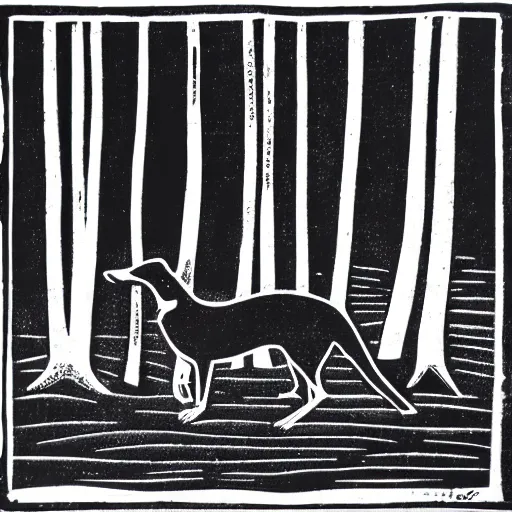 Image similar to minimalist linocut, black and white, greyhound in a forest