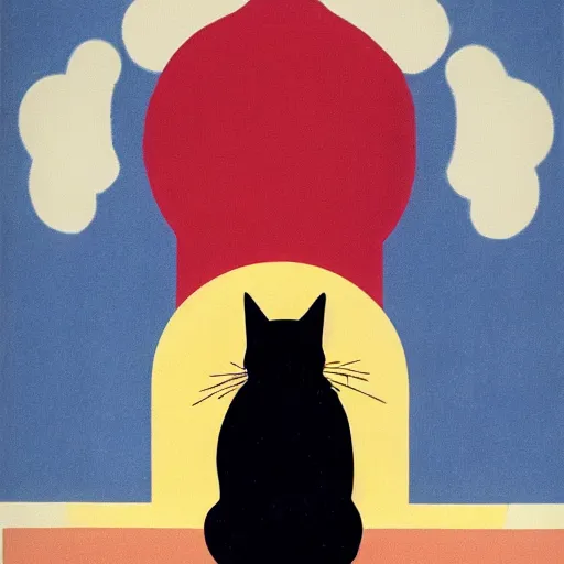 Image similar to A bauhaus poster of a cat watching a mushroom cloud in the distance