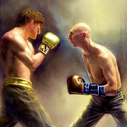 Prompt: a beautiful painting of harry potter fist - fighting voldemort in a boxing ring, rendered art, highly detailed painting by gaston bussiere, craig mullins, j. c. leyendecker 8 k, trending on artstation, art, fighting, watercolor