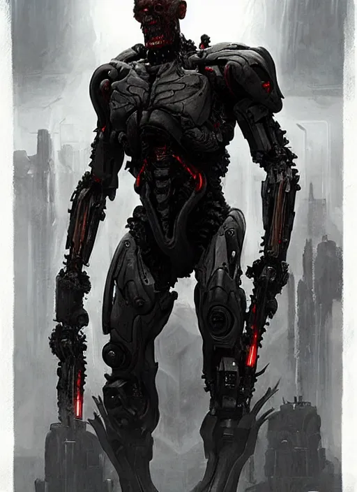 Image similar to willem dafoe as victor stone, full concept, cyborg, borg, strogg, face of a man, terminator, flesh, quake strogg, doom demon, wolfenstein, monstrous, powerful, symmetry, symmetrical, concept art by ruan jia and greg rutkowski