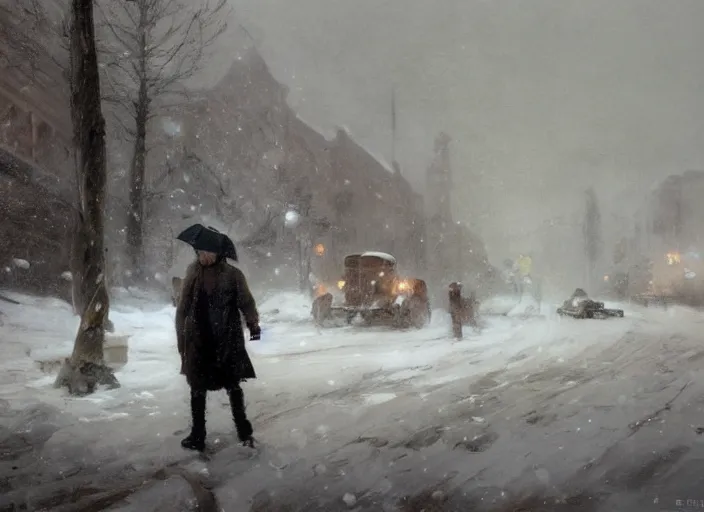 Prompt: oil painting, snow blizzard, high detailed art by dennis miller bunker, work by anders zorn, wonderful masterpiece by greg rutkowski, beautiful cinematic light, american romanticism by greg manchess, creation by tyler edlin