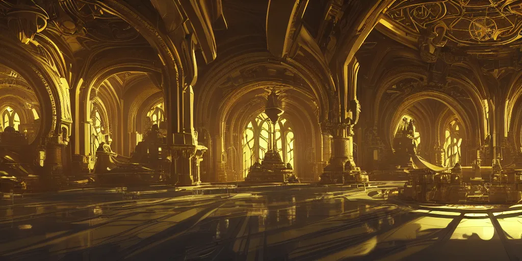 Prompt: cel shaded cinematic shot of the interior of a sci-fi space station with ornate architecture with a giant golden statue in the middle, bustling with people and flying cars, epic castle, gothic architecture, emerald, crystalline, detailed illustration, sharp focus, concept art, unreal engine, octane render, god rays