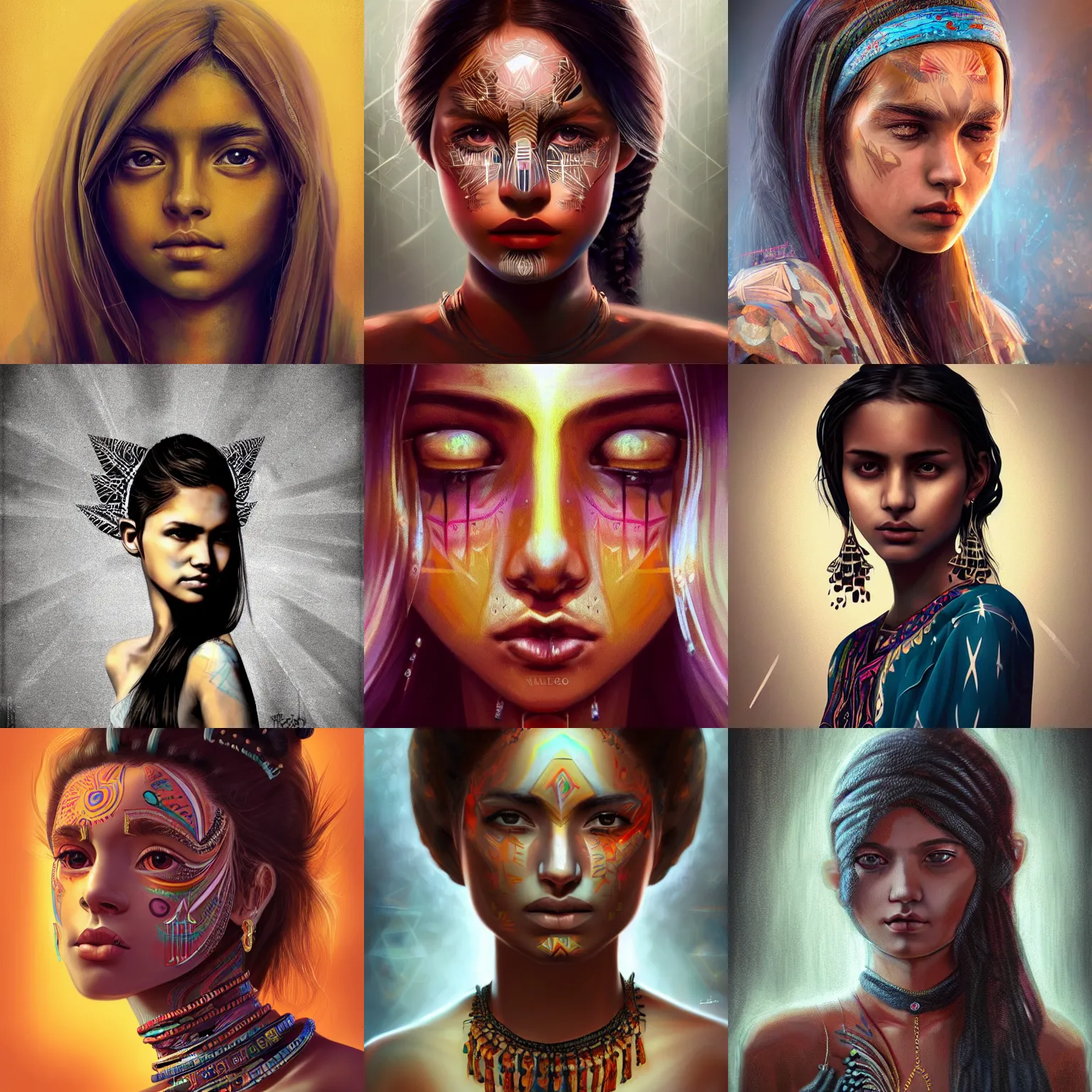 Prompt: perfectly symmetric portrait of a beautiful young tribal woman, who is sad and looks down and away trom the camera because she already knows she is leaving, elegant, intricate, headshot, highly detailed, digital painting, artstation, concept art, sharp focus, illustration, with glitches, in graffiti style