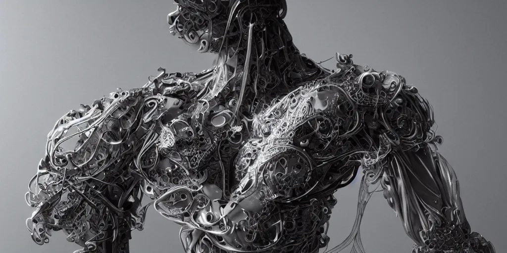 Image similar to hyper realistic photography of a stunningly beautiful cyborg male, plated arm, intimate, chest, holding close, ribbons, in the style of beth cavener, jin kagetsu,, and wlop, highly detailed, intricate filigree, symmetry, masterpiece, award winning, sharp focus, concept art, highkey lighting, ambient lighting, octane render, 8 k, artstation