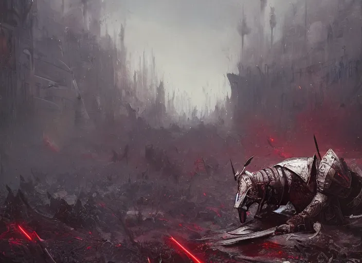 a beautiful wide angle view of an exhausted knight in Stable