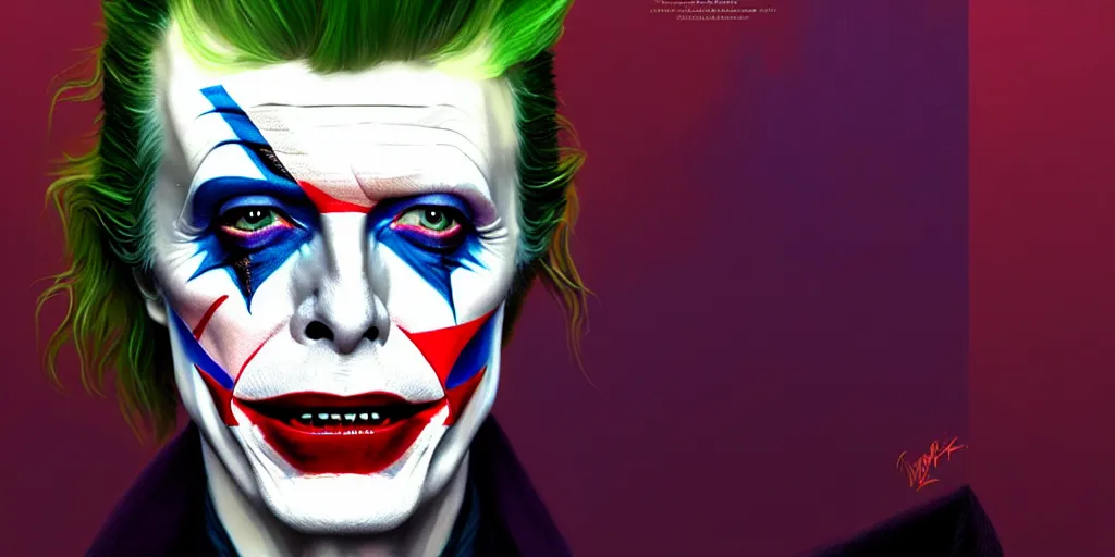 Prompt: david bowie as the joker, cinematic, highly detailed, digital painting, artstation, concept art, matte, sharp focus, illustration, art by artgerm and greg rutkowski and alphonse mucha