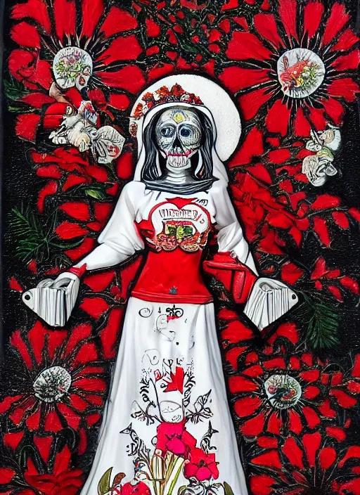 Image similar to masterpiece of Santa muerte with a book in her hand and surrounded by red and white flowers guns and ammunitions offered by devotees, no crop, digital visionary art, extremely high detail, post processed,